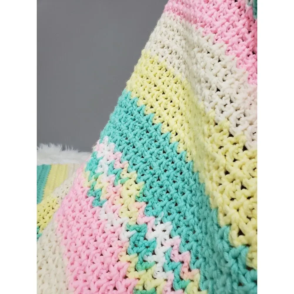 Vintage pink yellow green afghan blanket throw nursery y2k‎ bedroom decor easter